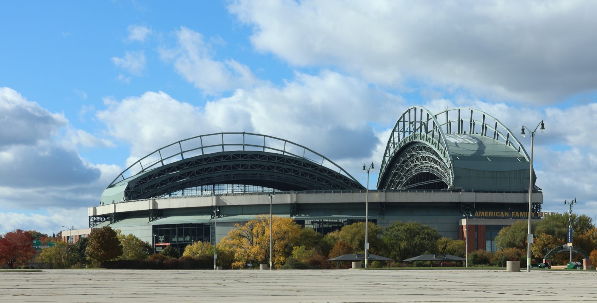 The exterior of American Family Field with its fan-shaped retractable roof