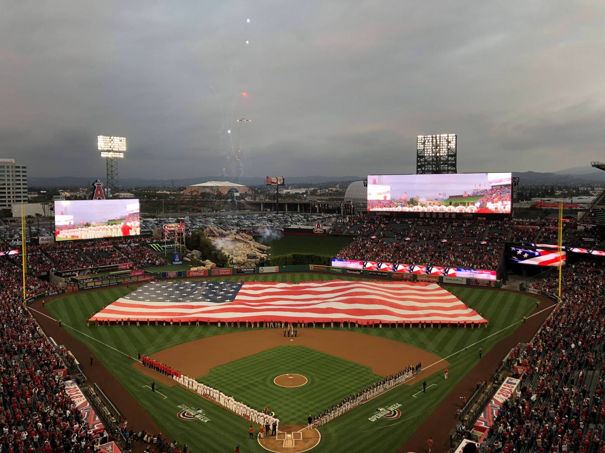 The Angel Stadium bowl with the rock formation beyond center field at the 2018 home opener