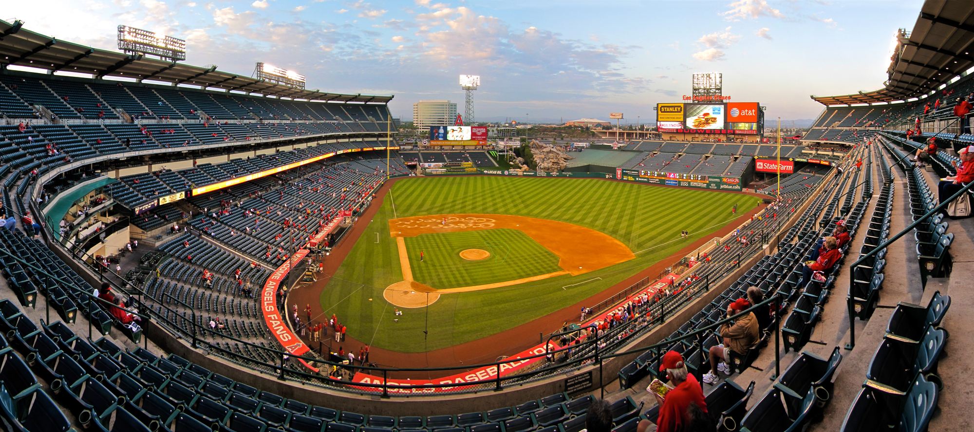 A wide view of the field at Angel Stadium from the upper deck during a game