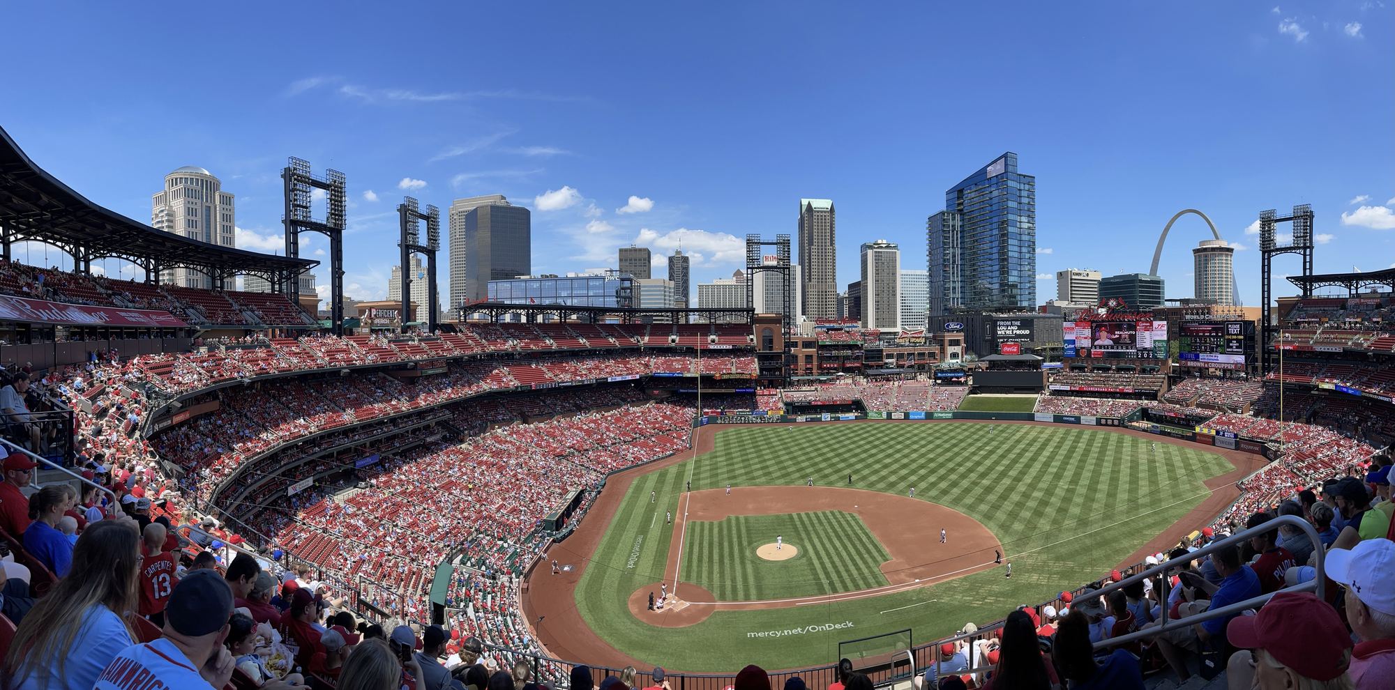 A panorama of the Busch Stadium seating bowl and field