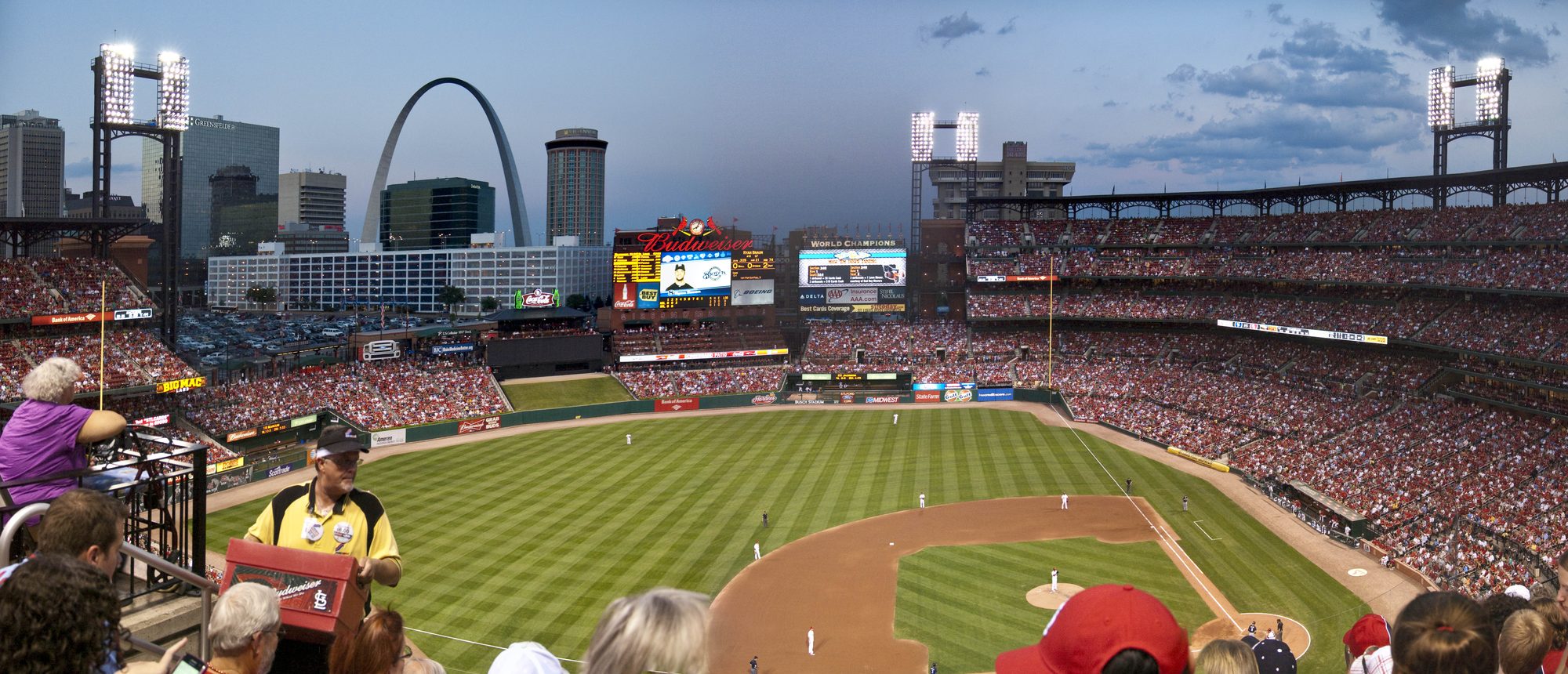 Busch Stadium under the lights during a night game