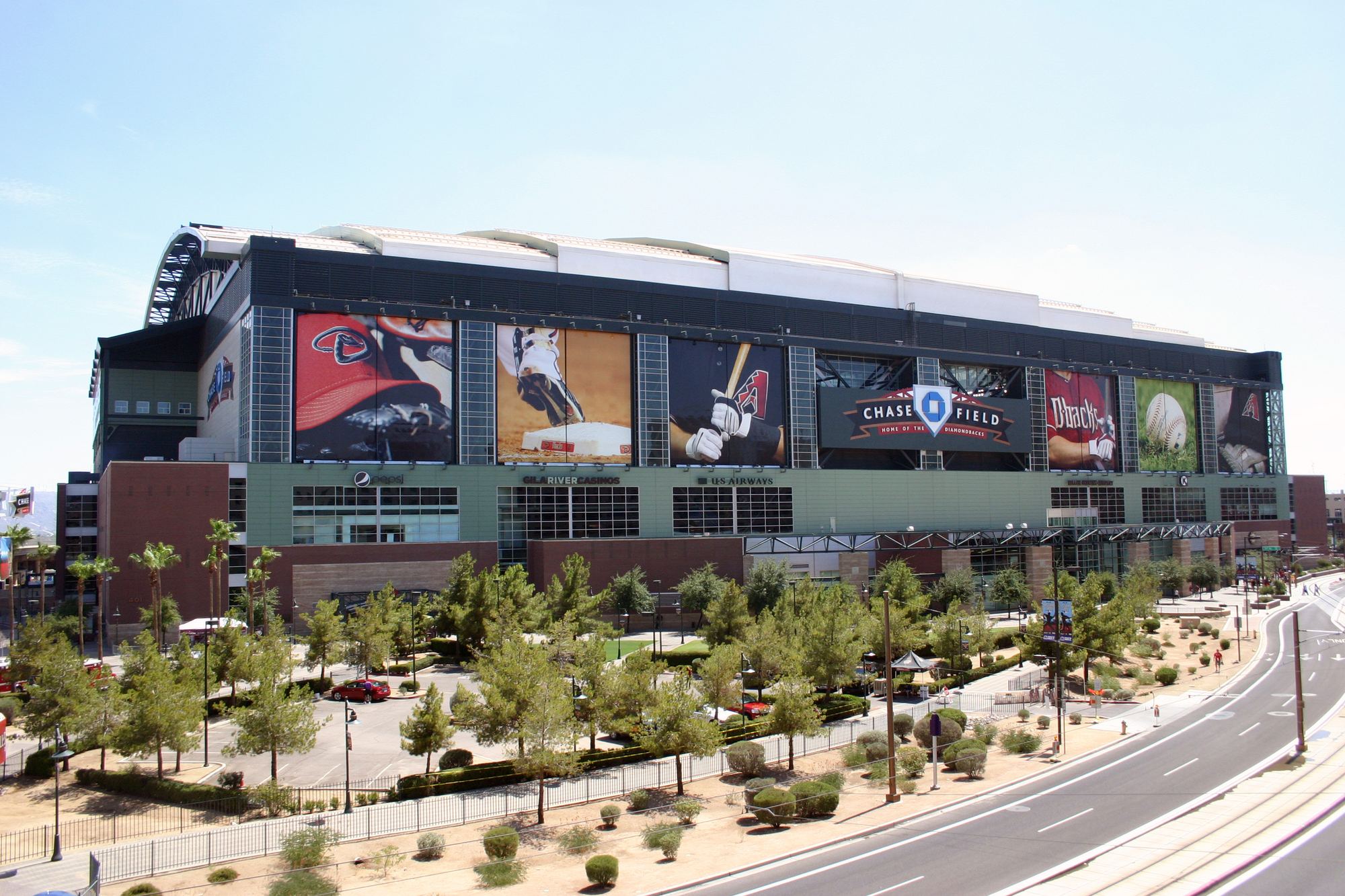 The street-level exterior of Chase Field at its northeast corner in downtown Phoenix