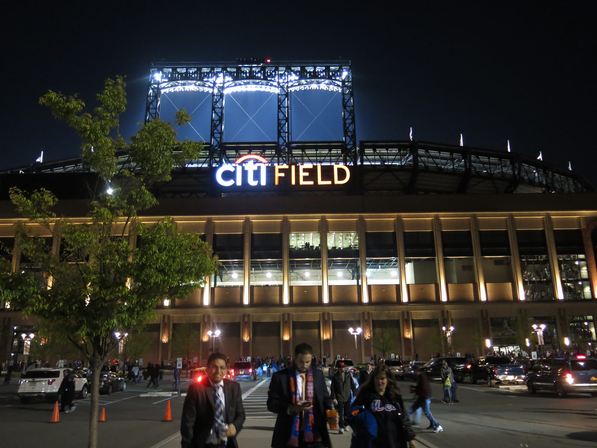 Citi Field lit up at night