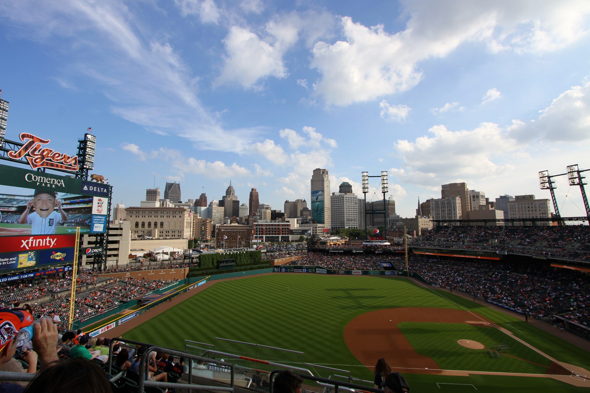 The Comerica Park bowl with the Detroit skyline beyond the outfield