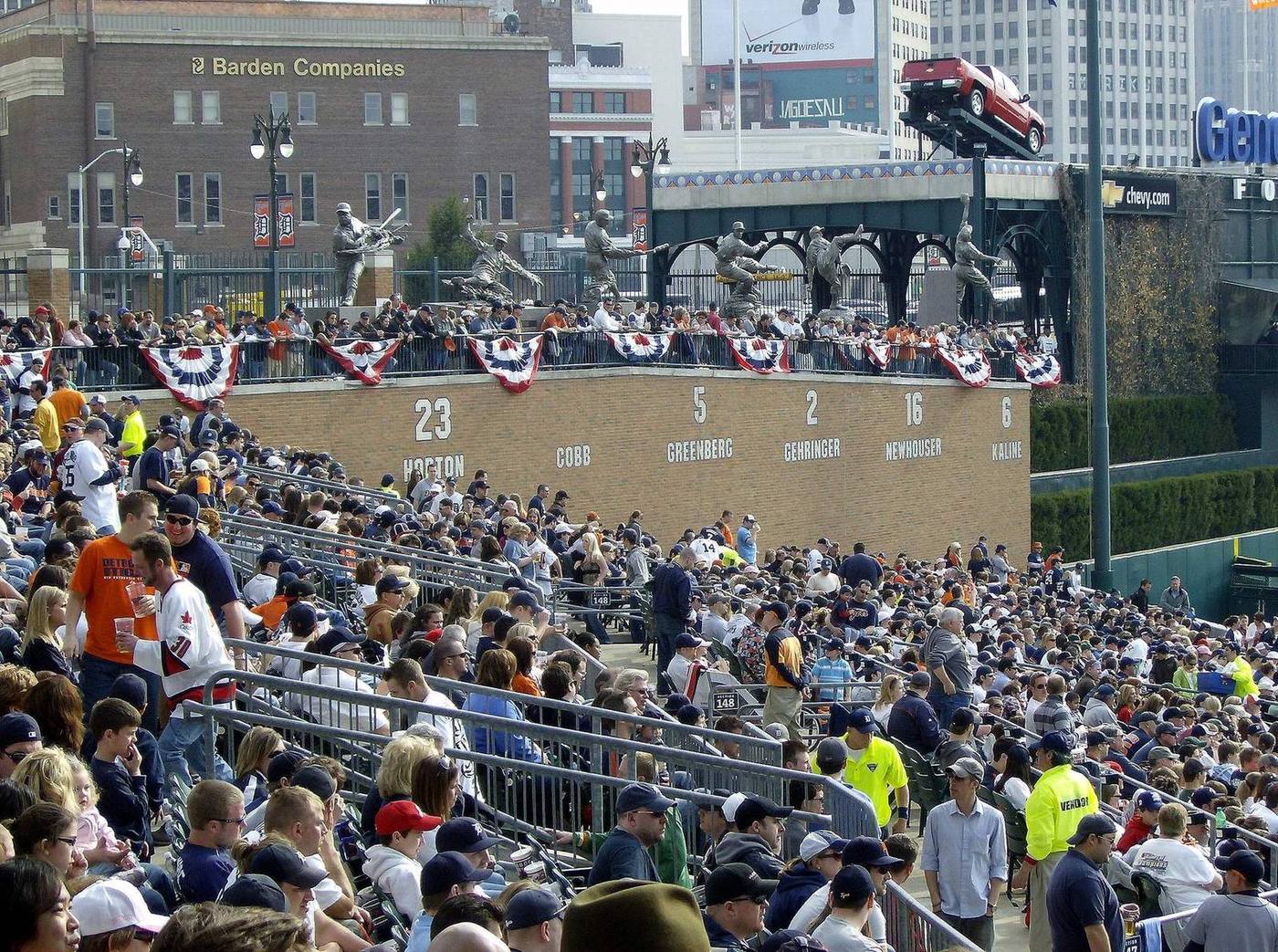 The row of Tigers legends statues in left-center field at Comerica Park