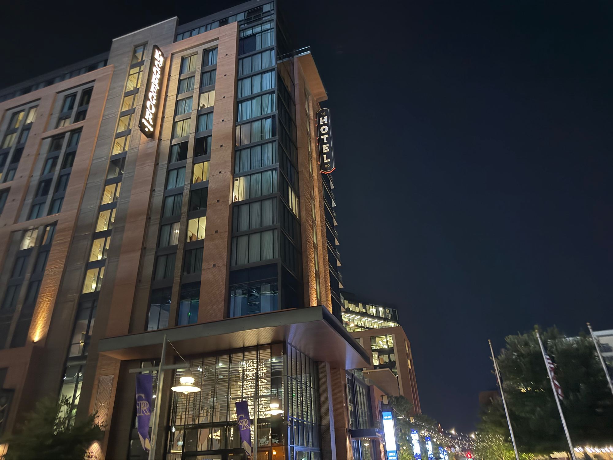 A hotel near Coors Field at night