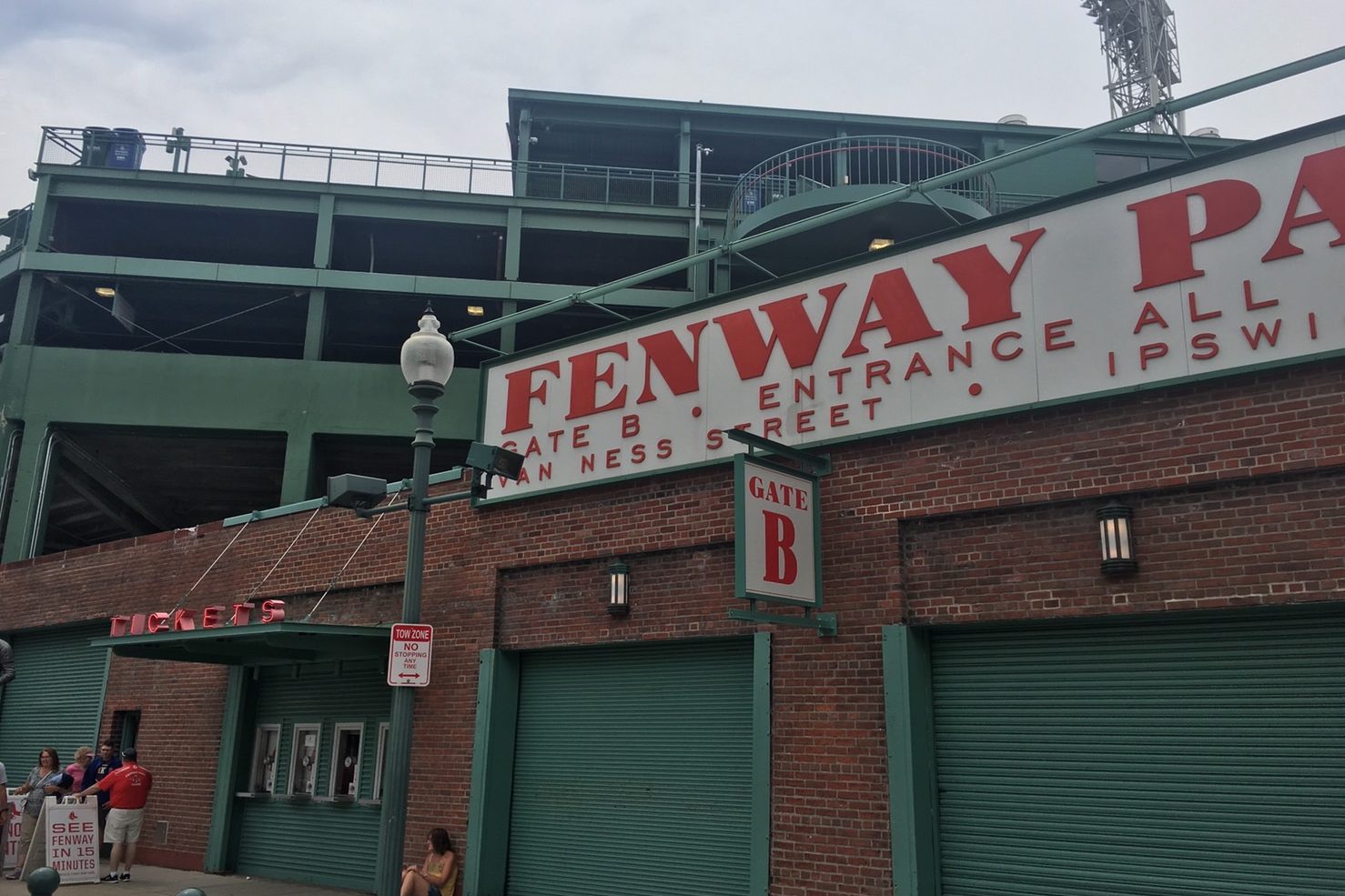 The Gate B entrance on Van Ness Street at Fenway Park, with the ticket windows below the sign