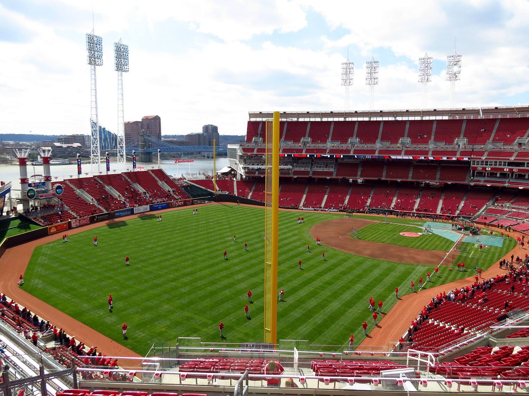 The outfield seats and foul pole at Great American Ball Park, with the Ohio River beyond