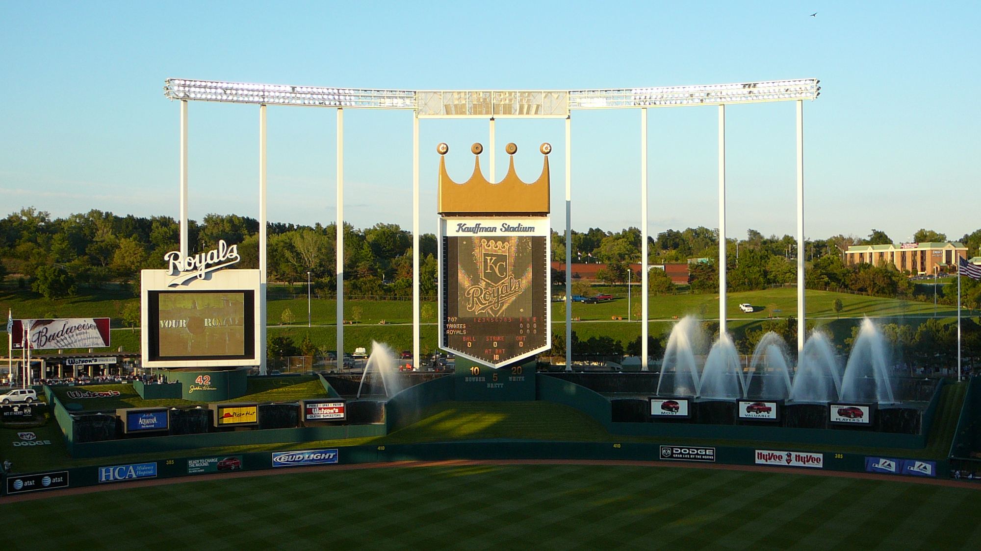 The crown scoreboard and outfield fountains at Kauffman Stadium