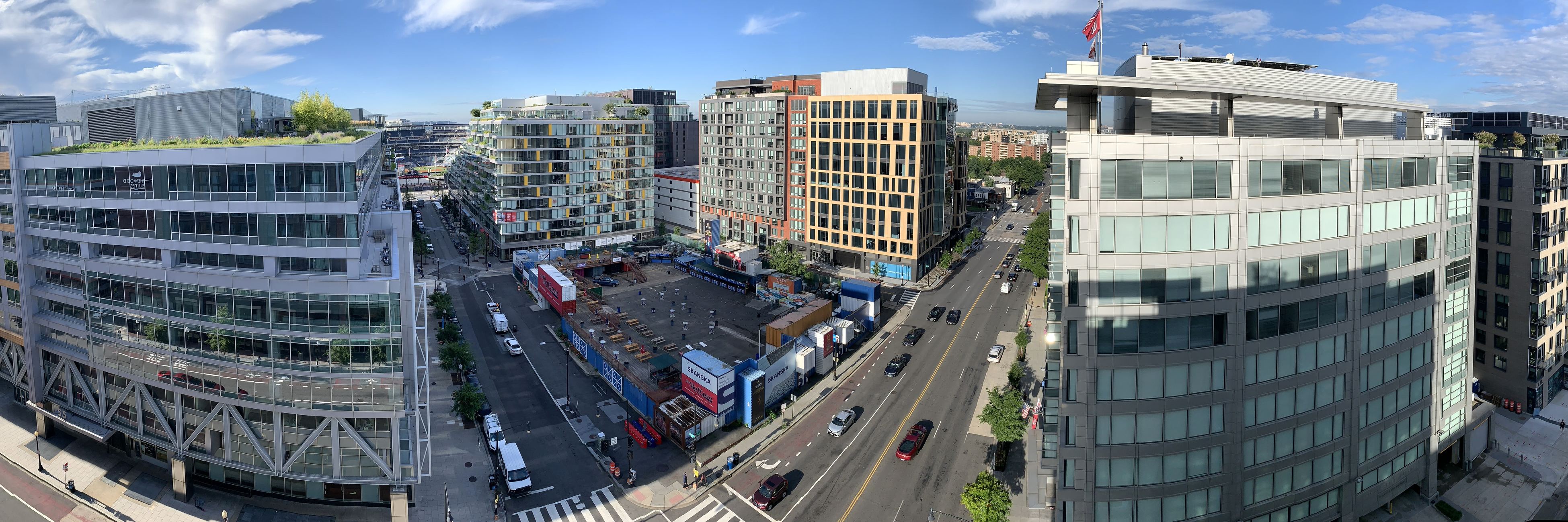 A rooftop panorama of the Navy Yard neighborhood, with new apartment and office buildings lining the streets