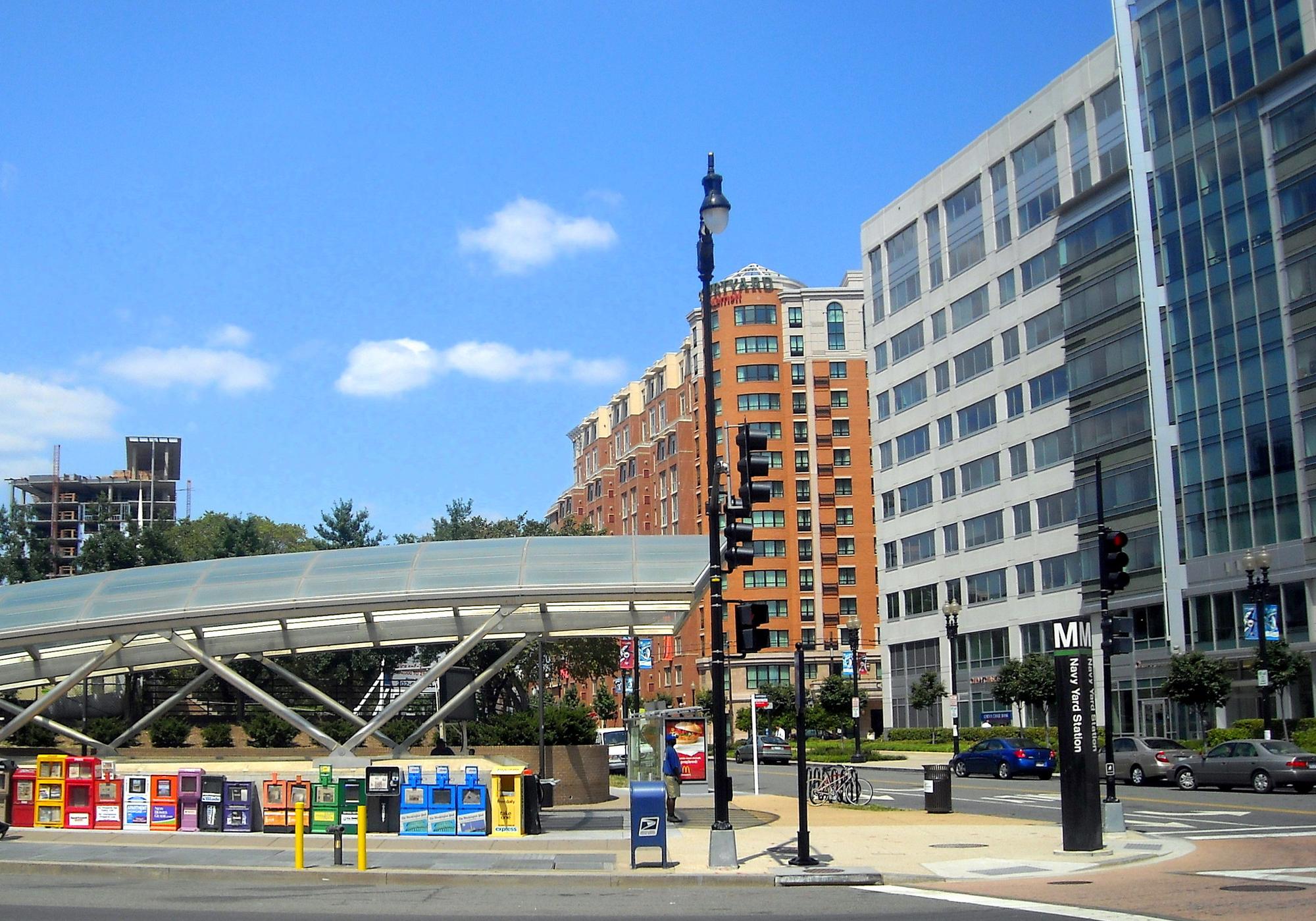 The canopy over a Navy Yard-Ballpark Metro station entrance on a clear day