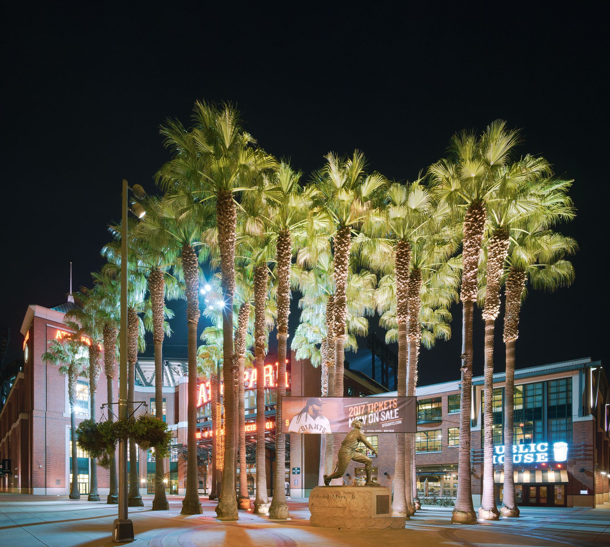 Willie Mays Plaza outside Oracle Park at night, with the Willie Mays statue among the lit palm trees