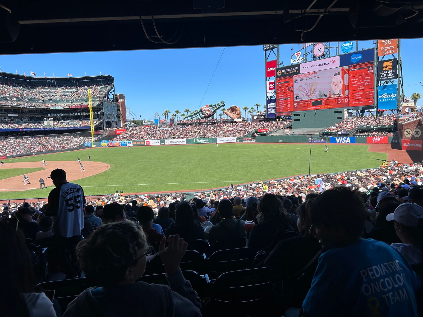 The view from the lower bowl behind home plate at Oracle Park on a sunny day, with the scoreboard and palm trees beyond center field