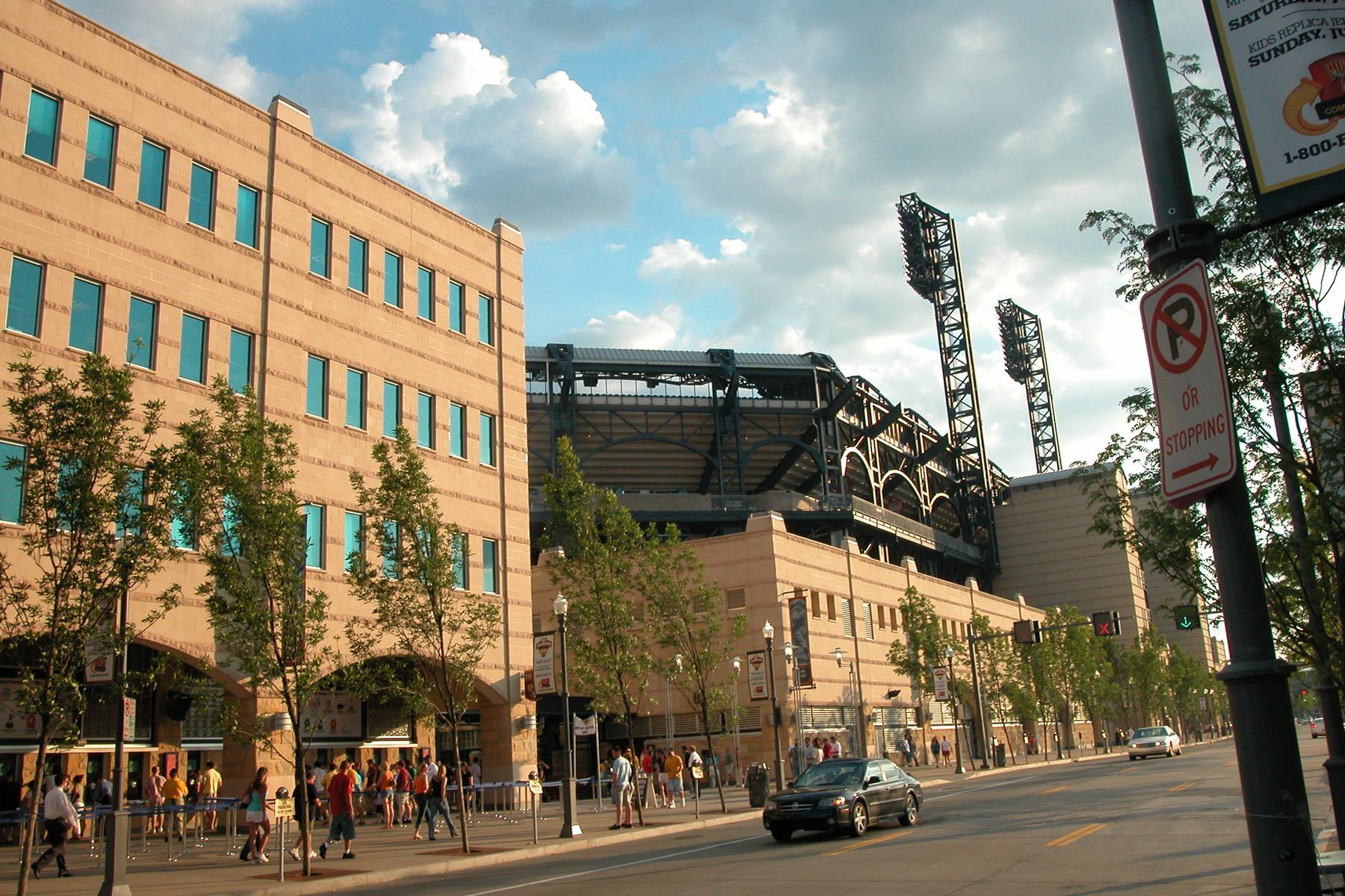 General Robinson Street outside PNC Park, the ballpark's light towers rising above the buildings across the street