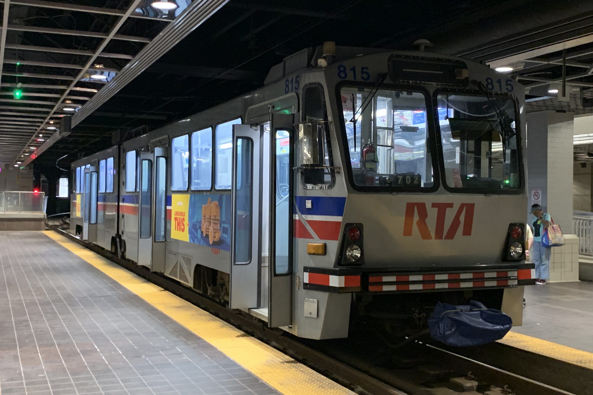 An RTA Rapid train stopped at the Tower City platform in downtown Cleveland, the transfer point for the Red, Blue, and Green lines