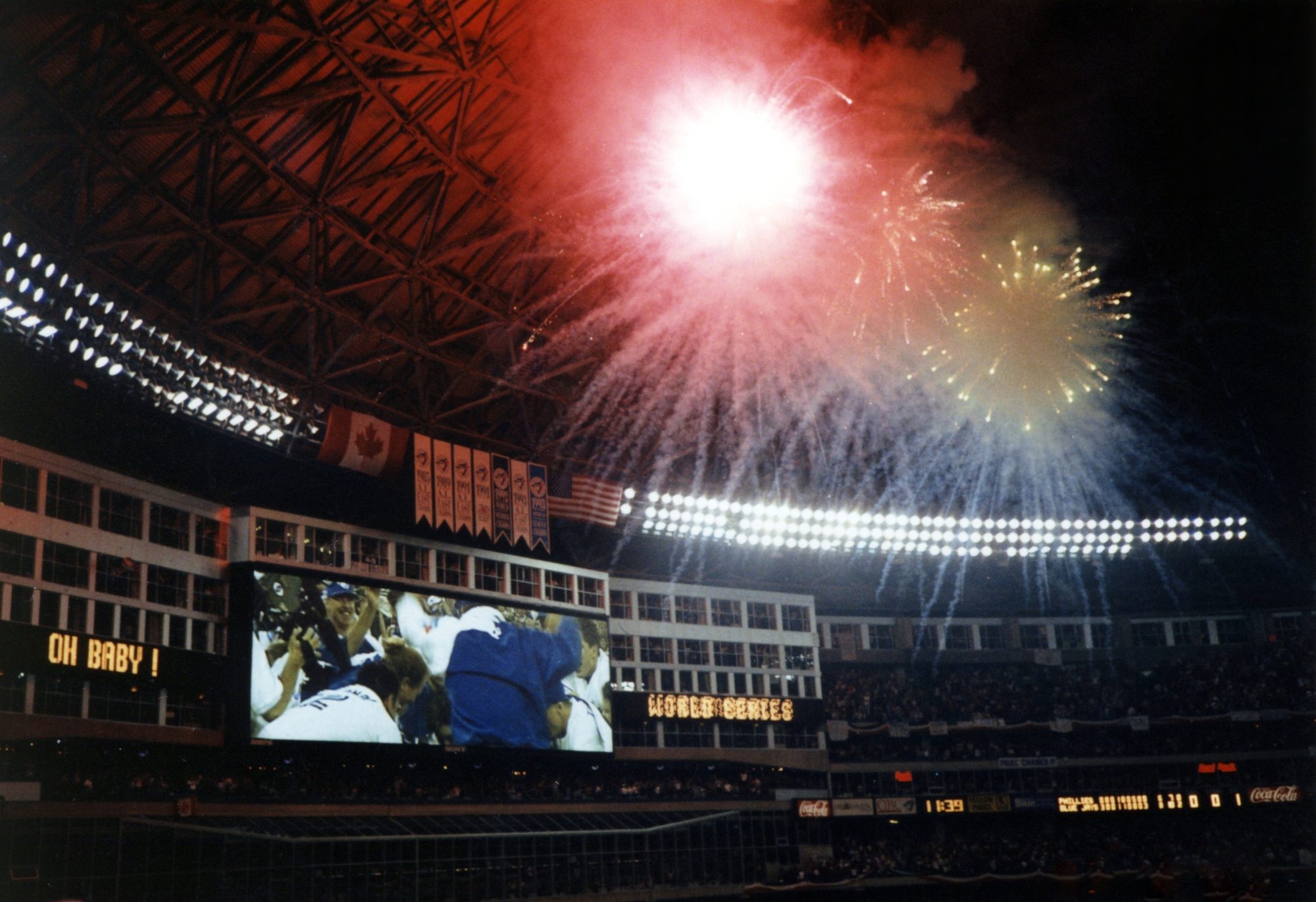 Fireworks under the SkyDome roof after the Blue Jays won the 1993 World Series