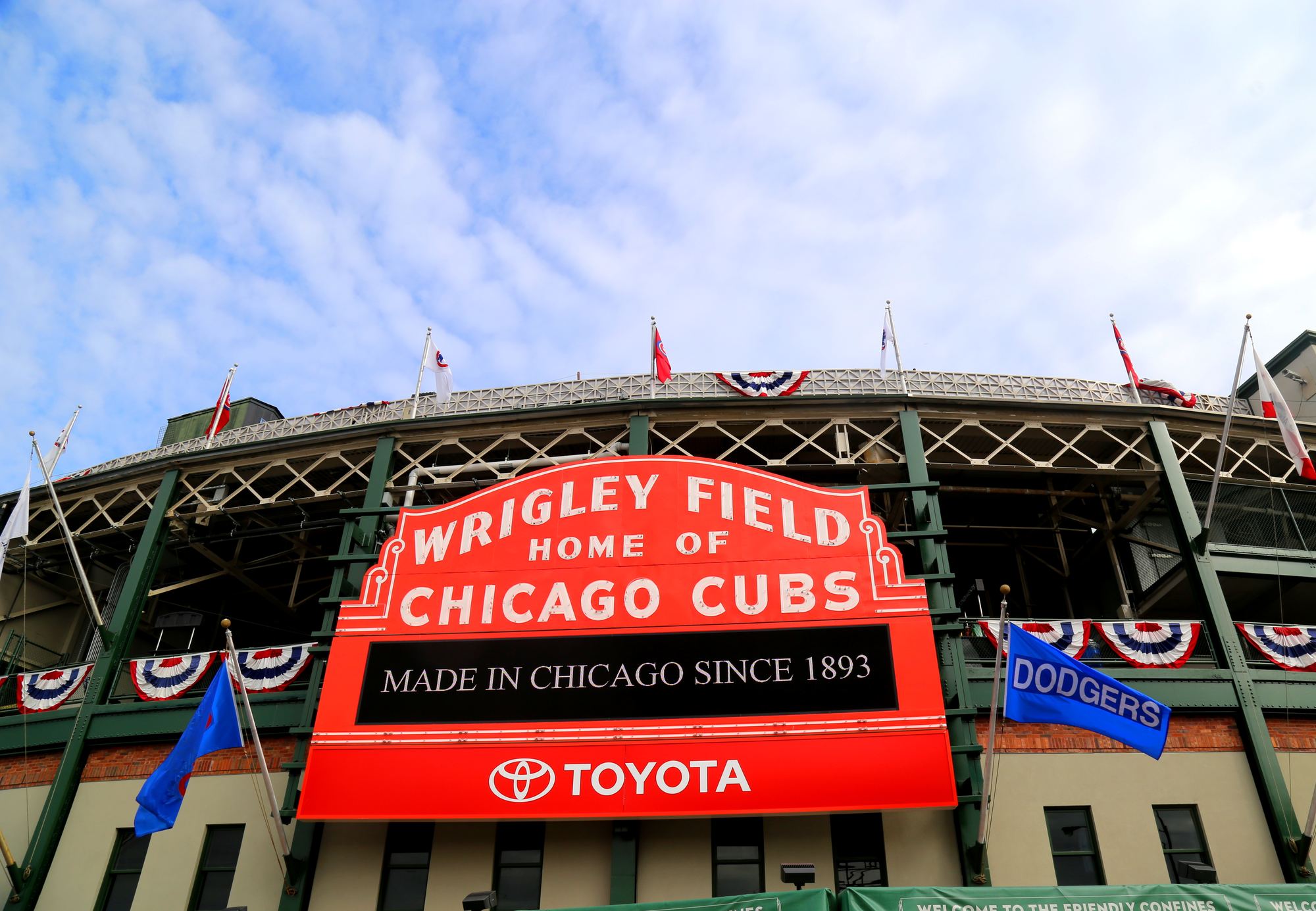 The red Wrigley Field marquee above the main entrance